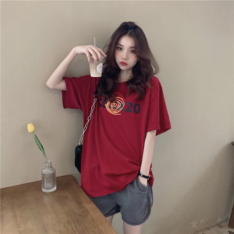 2024 Korean Summer Loose Round Neck Letter Print Mid-Length Casual Short Sleeve Women's T-Shirt