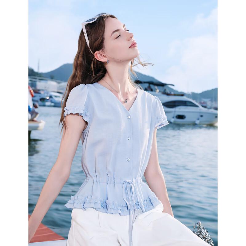 BETU Women's Summer Slim-Fit Short-Sleeve V-Neck Shirt with Adjustable Waist