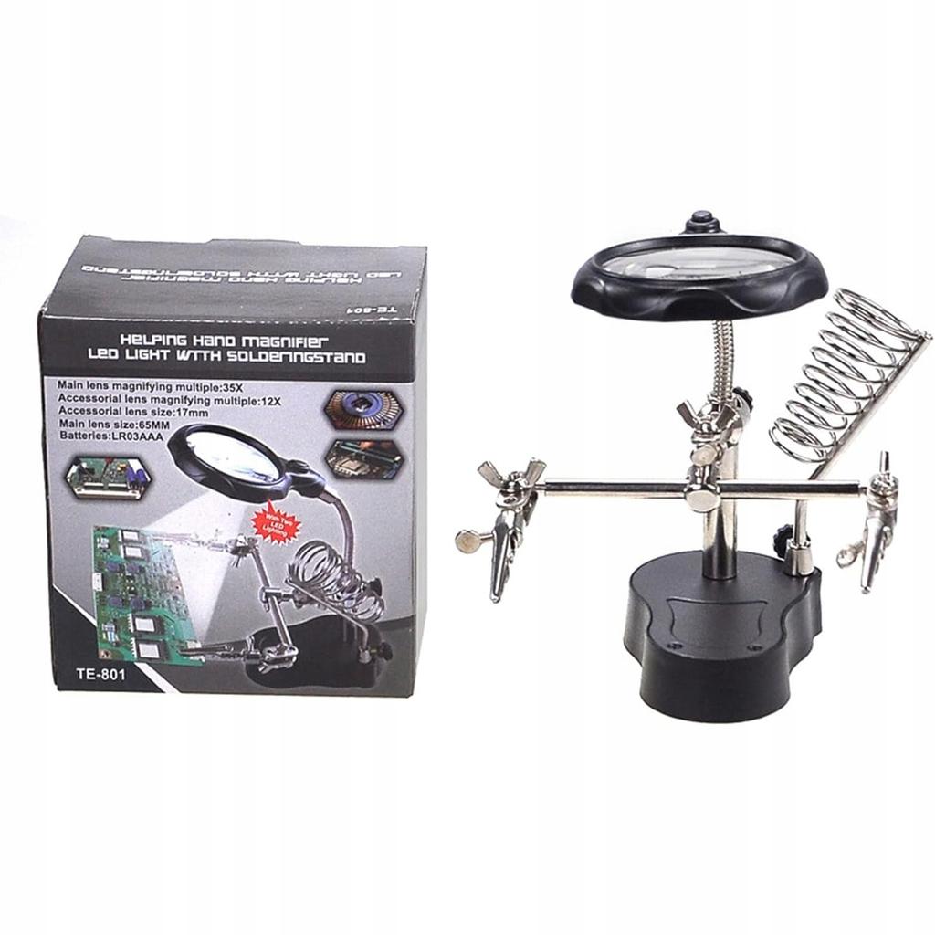 Third hand with magnifying glass 3.5x 12x TE-801 | LED 2x | Soldering iron holder | Adjustable crocodile clips | Stable base 10x6cm | Height 26cm