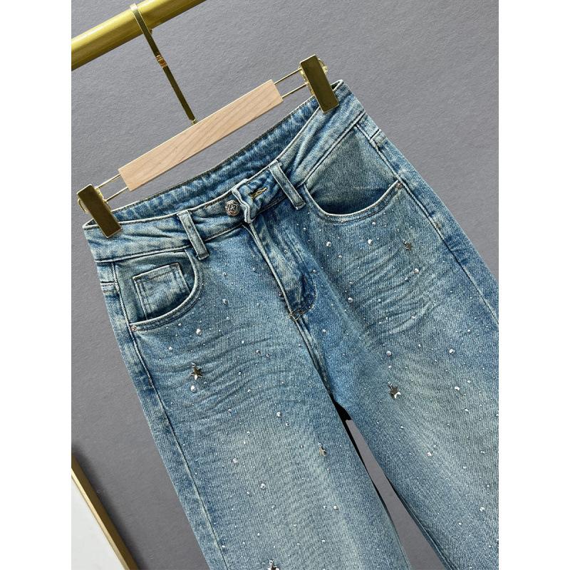 Fashion Women Blue Jeans High Waist Diamond Studded Straight Denim Pants Spring Summer Female Chic Trousers