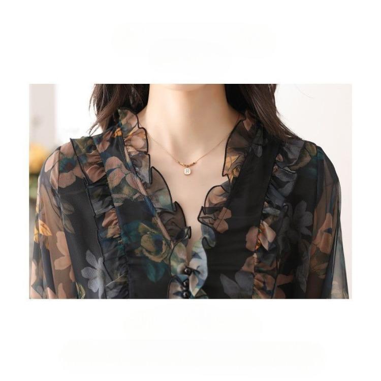 Trendy podzimní šifonová halenka: Dámská módní květovaná šifonová košile, elegantní top s dlouhým rukávem na jaro a podzim