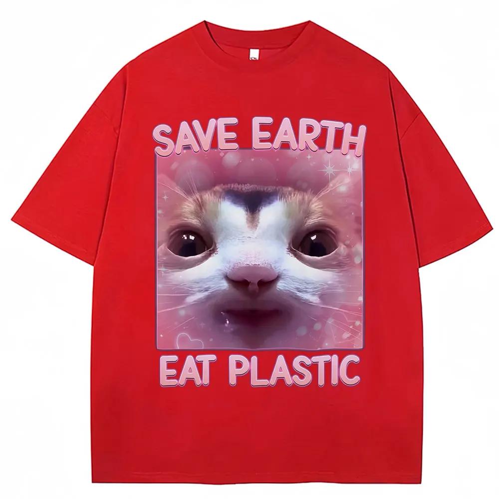 Save the Earth by Eating Plastic Cute Cat Emoji T-Shirt Womens Fashion Aesthetic T-Shirt Casual Oversized Summer Cute T-Shirt