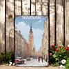 Vintage Metal Tin Sign Wall Art/A Snowy Street Scene In Warsaw, Poland with a Tall Tower In The Center, Old-Fashioned Cars, 20.32X30.48 Cm Indoor, Out