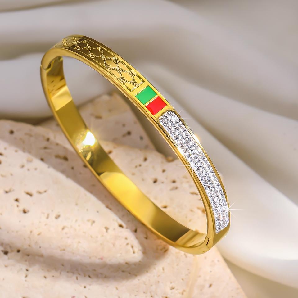 

Htpwe Браслет из нержавеющей стали красного и зеленого цвета с цирконием, капающим маслом, женский, с покрытием 18 карат, парный, праздничный подарок, браслет для вечеринки с цирконием золотой