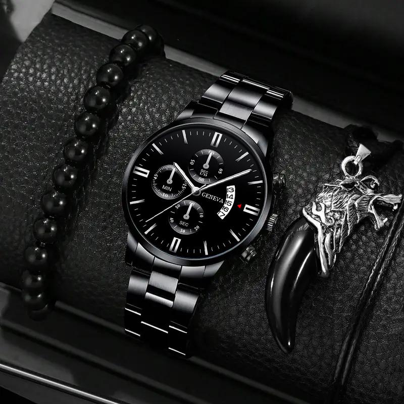 

3 шт./комплект мужские повседневные круглые циферблаты из нержавеющей стали кварцевые наручные часы и мужской браслет и мужское ожерелье