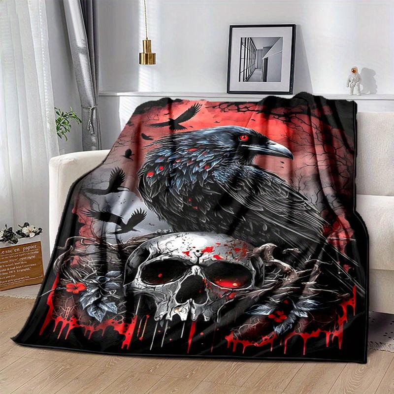 1pc Crow and Skull Blanket Soft Throw for Home Decor, Gift Idea, Living Room, Travel, Camping, Car Blankets