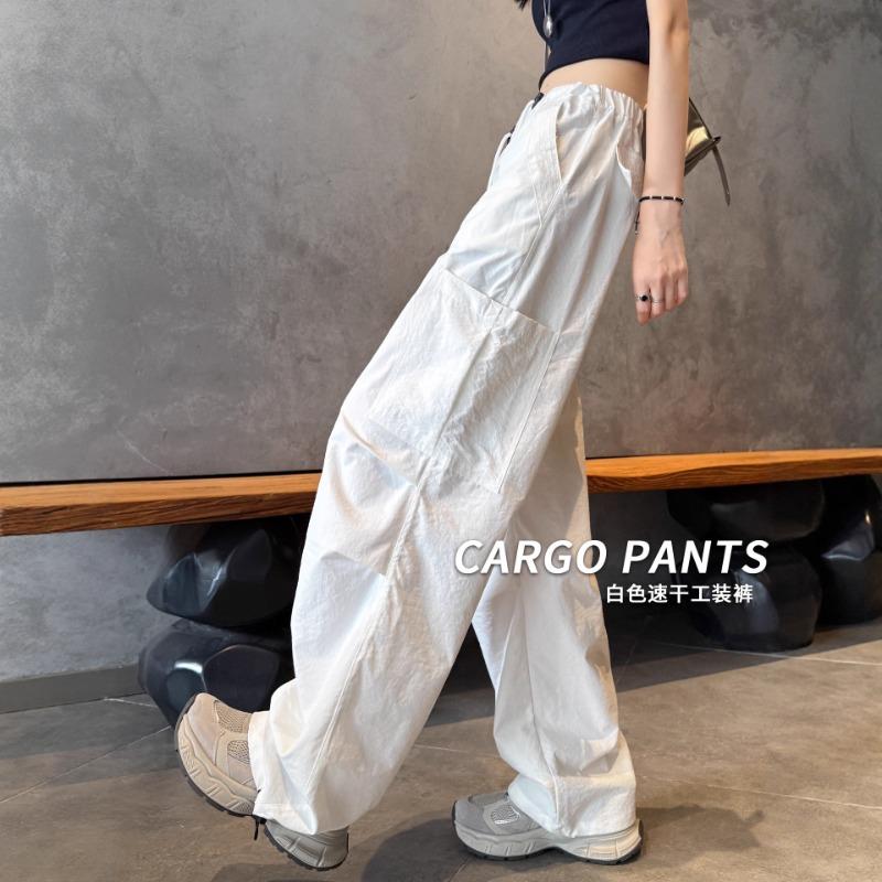 White overalls women's autumn new high-waisted casual wide-leg pants thin loose straight sports paratrooper pants