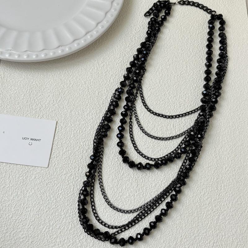 Elegant Dark Multi-Layer Bead Chain Necklace - Women's Fashion Layered Choker Clavicle Chain