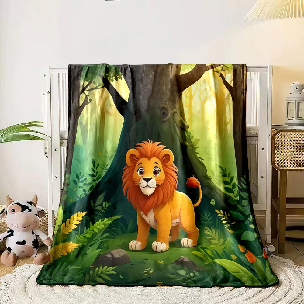 Cartoon Lion in Enchanted Forest print blanket soft and cozy perfect for the living room bed sofa or a nap,gift
