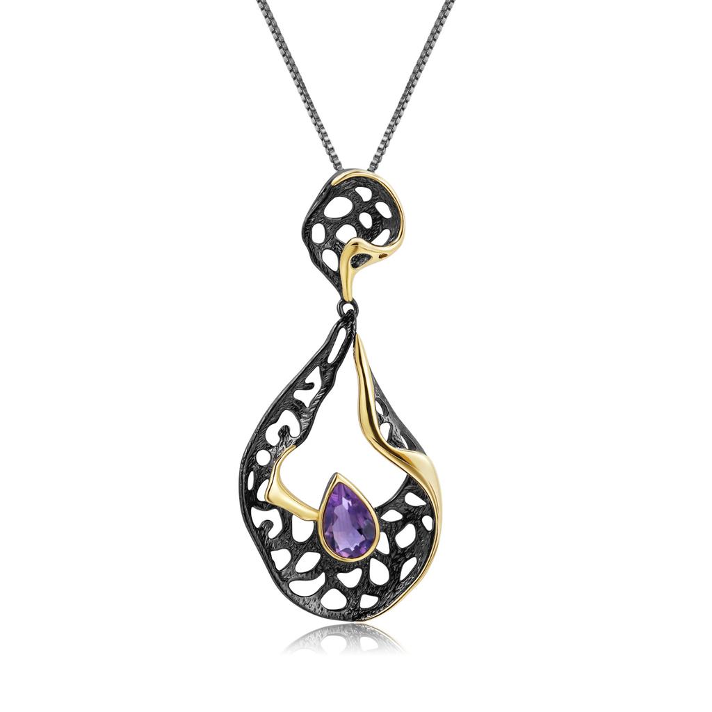Originaler Designer-Edelsteinanhänger aus italienischer Handwerkskunst, hochwertiger Retro-Halskettenanhänger aus 925er Silber mit natürlichem Amethyst