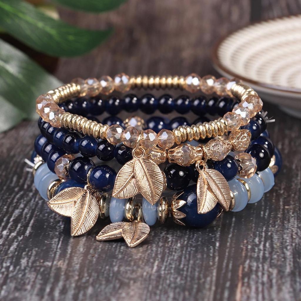 Bohemian Retro Beaded Bracelet with Leaf Pendant and Crystal Accents
