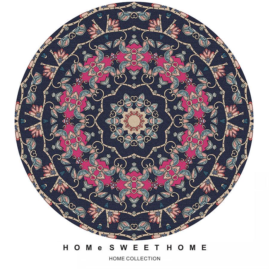 Ethnic Round Carpet: Non-slip, Wear-resistant Crystal Velvet Bedside Rug for Cool Comfort