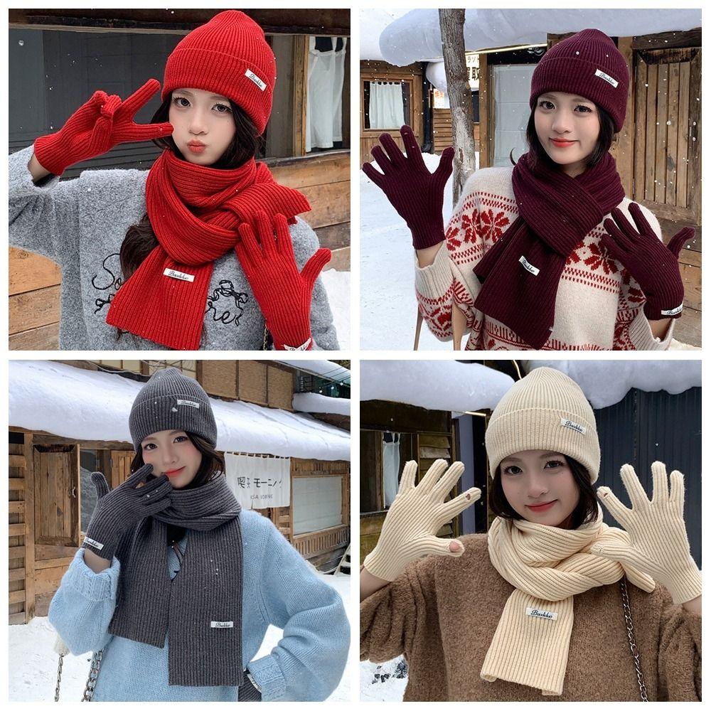 Wool Hat Scarf Gloves Set Solid Color Winter Beanie Hat Neck Warmer Thermal Knit Cap Cold Weather