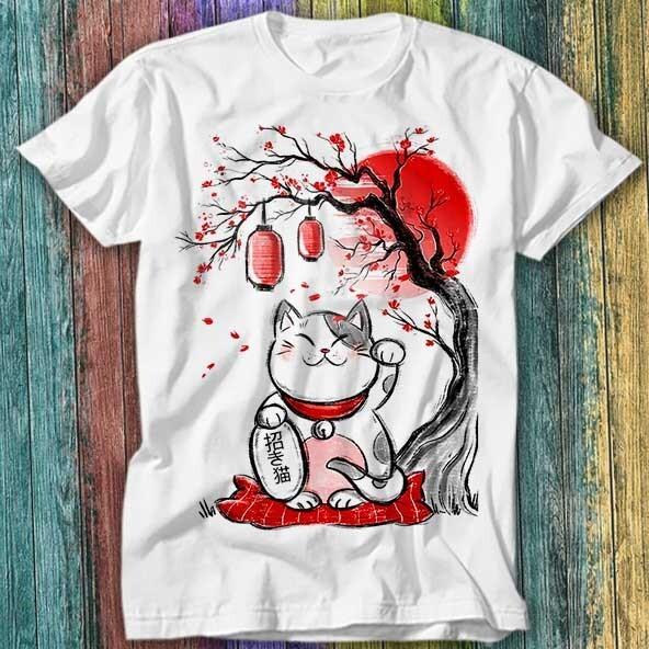 Japanese Dream Lucky Cat Maneki Neko Sakura Bonsai Tree T Shirt Top Tee 265