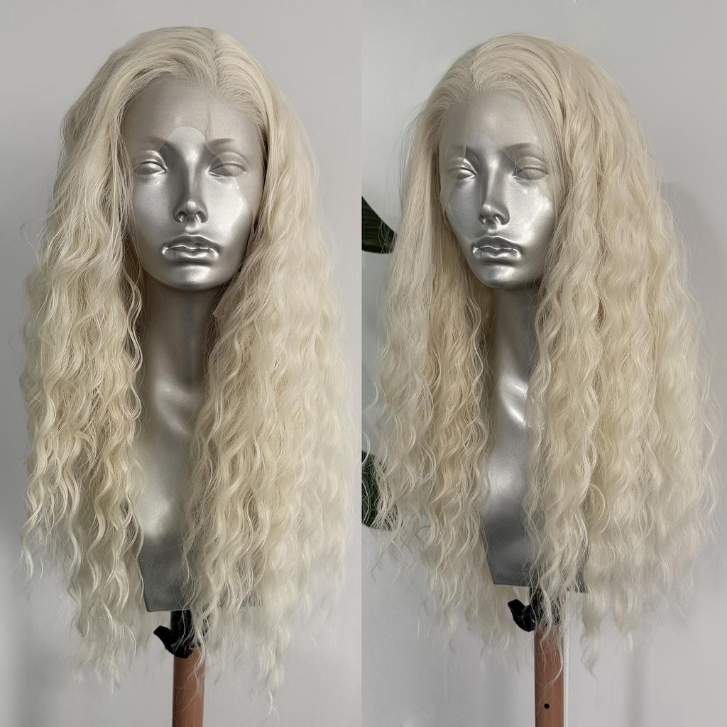 Peluca Rubia Platino Onda Profunda Rizada 13x4 Encaje Frontal Sintético para Mujeres Sin Pegamento Fibra Resistente al Calor Cabello Uso Diario Cosplay