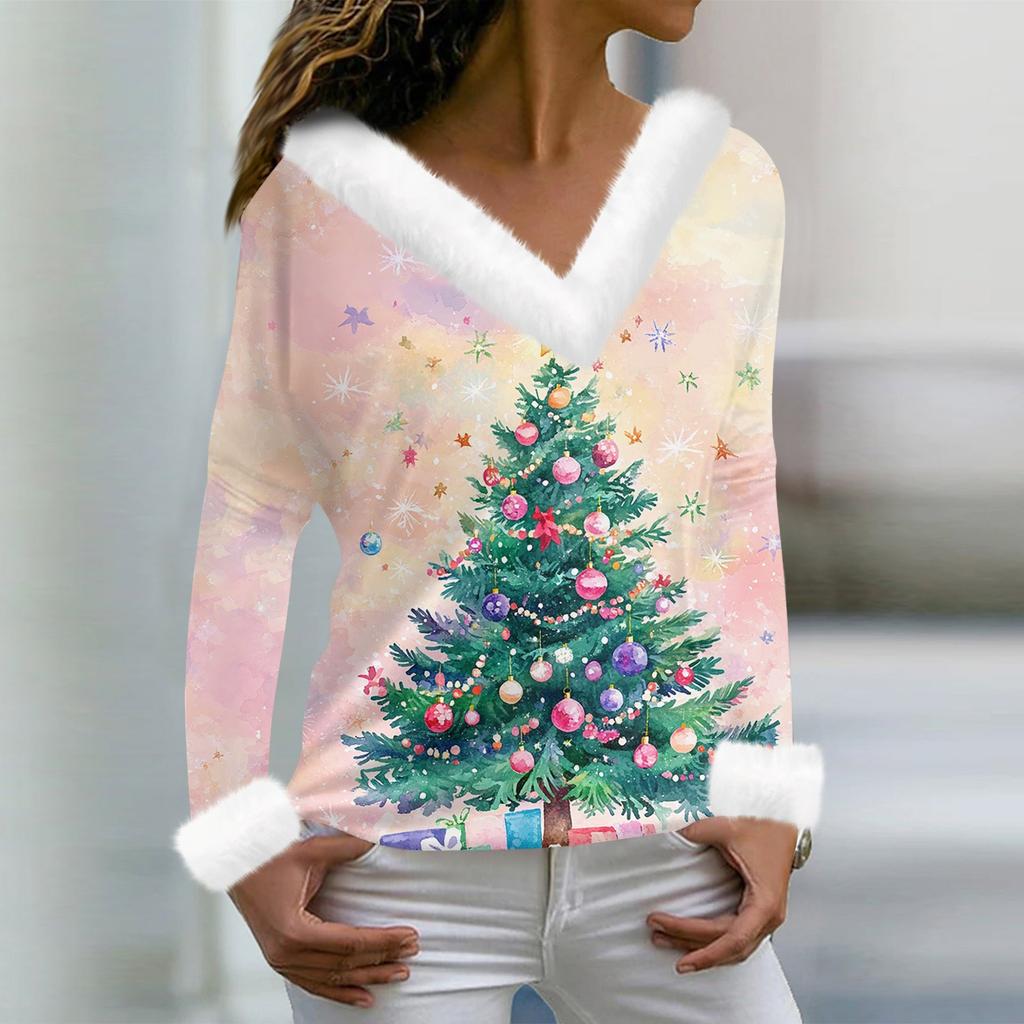Women's T Shirt Tee Christmas Shirt Long Sleeve Party Christmas Print Fleece Collar V Neck Top