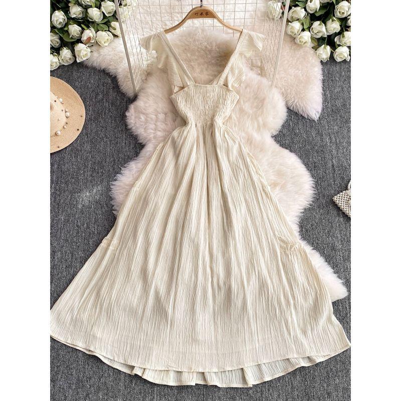 Bohemia Seaside Holiday Beach Skirt with Wooden Ear Patchwork A- line Dress Fancy Square Collar Lace up Dress