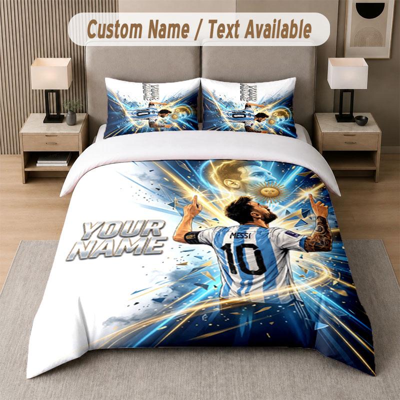 Custom Bedding Set Lionel Messi Pattern, Print Name Text 1 Duvet Cover plus 2 Pillowcases Home Textile