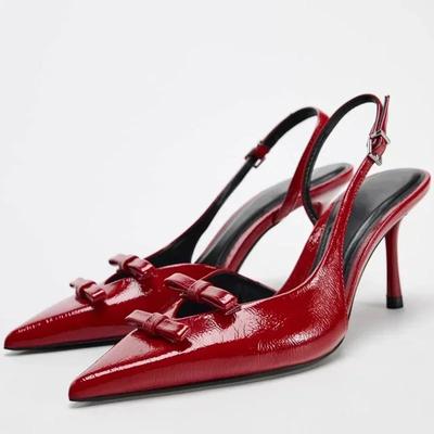 Luxusmarken-Designer Spitzschuh Sandalen mit Fersenriemchen Damen Sexy Rote Stilettoabsätze für Damen Elegante Schleife Partykleid Schuhe
