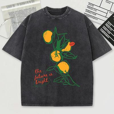 Frisches Orange Gartenmuster Gewaschenes Herren T-Shirt Atmungsaktiv Sport Kurzarm O-Ausschnitt Baumwoll-Top Unisex Weiche Streetwear