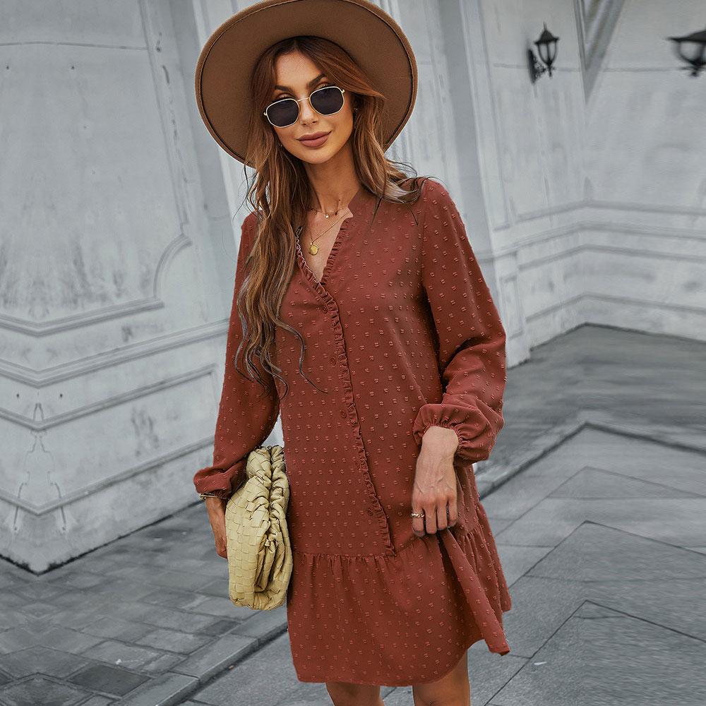 Jaro léto jednobarevné žakárové pro ženy ležérní jednoprsový výstřih do V s plným rukávem dámské šaty ke kolenům