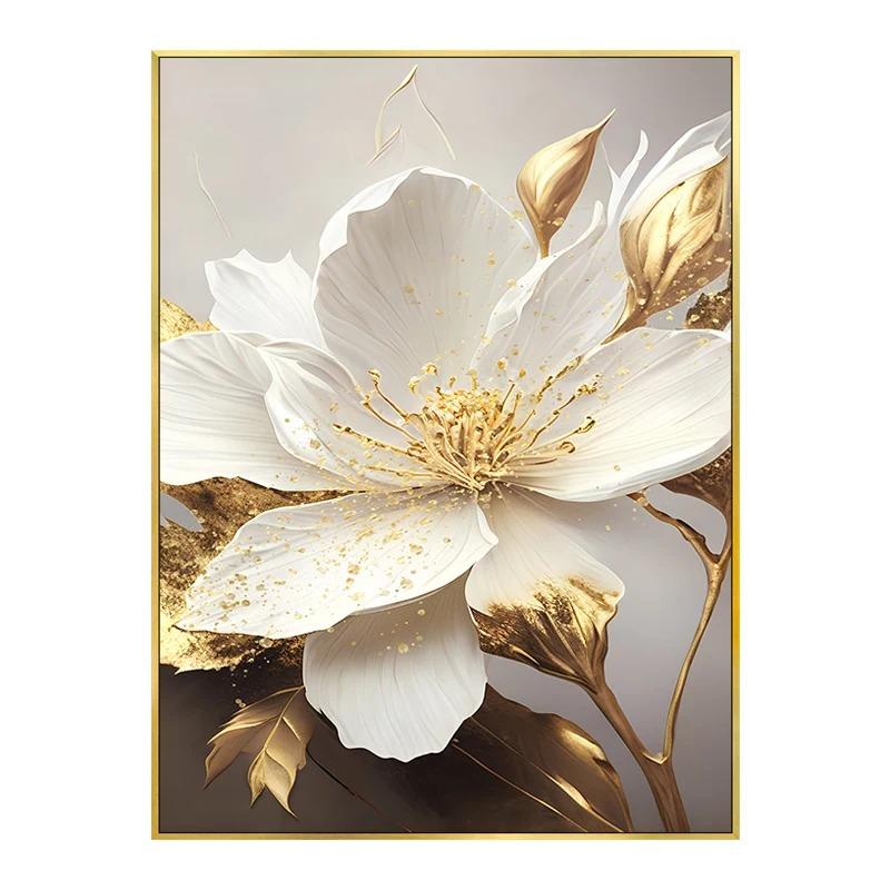 

Сусальне золото Білі квіти Сучасне полотно Декоративні плакати Полотно Настінне мистецтво Друк зображень Вітальня Домашній декор Без рамки 60x90cm No Frame