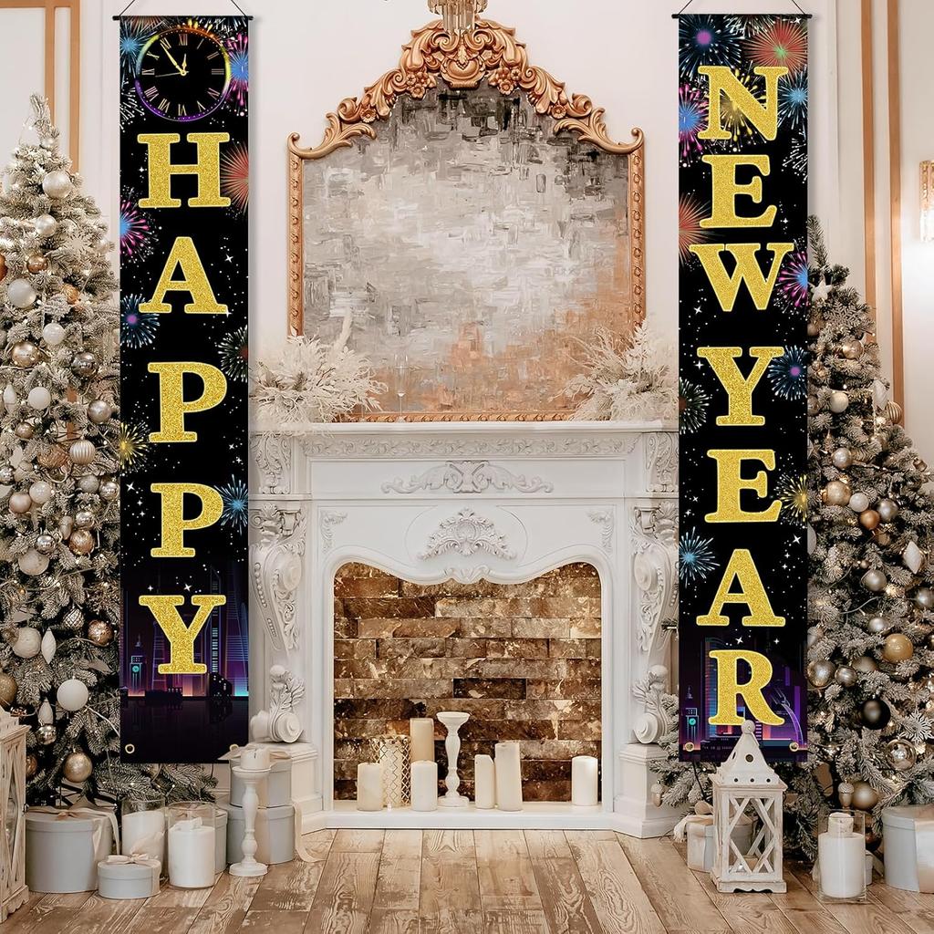 Happy New Year Door Banner Porch Signs Welcome Banner for Home Holiday Winter 2025 New Year Eve Party Supplies Backdrop Hanging Decor Yard Sign for
