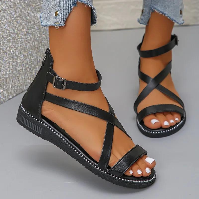 Fashion Ladies Shoes 2025 New Open Toe Women's Sandals Fashion Back Zipper Casual Summer Plus Size Best Seller Comfortable Flat Sandals