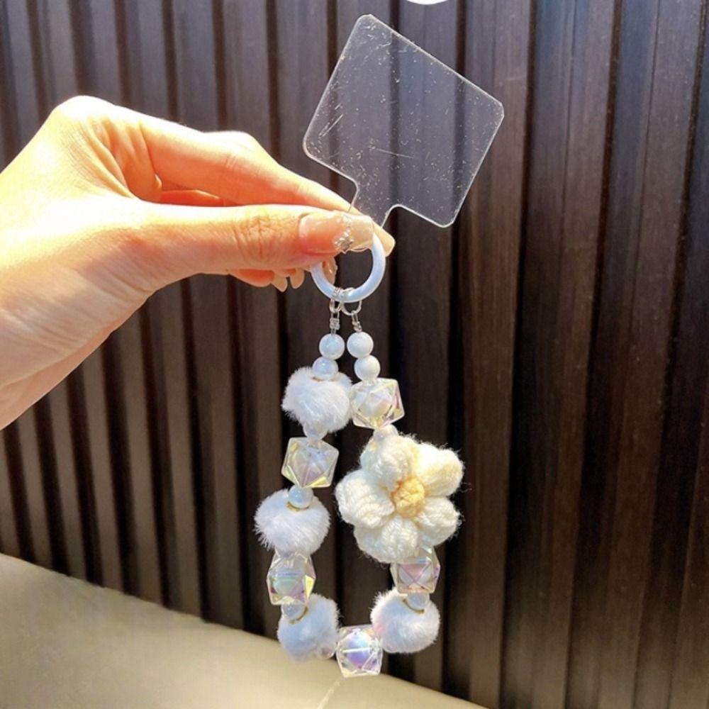 Sweet Beaded Phone Strap Plush Ball Car Key Ring INS Knit Beads Keychain  Children