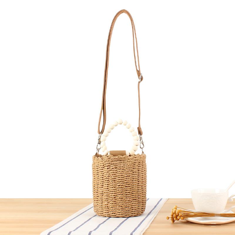 Wooden Bead Handheld Paper Rope Woven Round Drawstring Paper Tube Bag - Compact Versatile Minimalist Casual Handcrafted Design