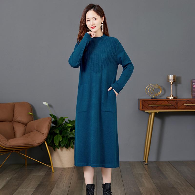 Half Turtleneck Knitted Dress for Women In Autumn and Winter Solid Color Loose Long Sweater Casual Women's Wear