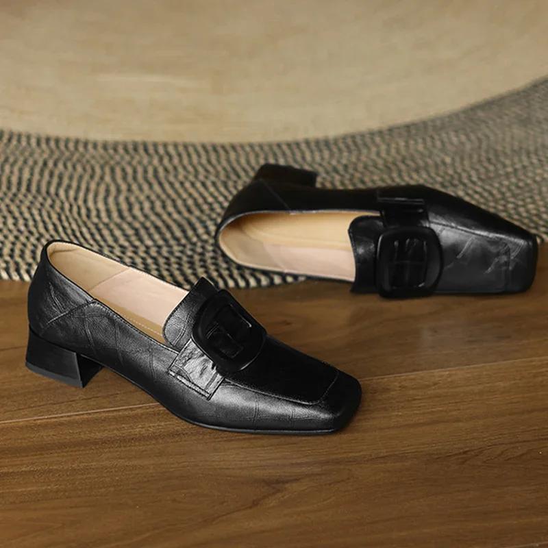 Fashion Chunky Woman Leather Shoes Square Toe Dress Office Loafers Shoes Woman Trend Designer New Elegant Heels Shoes Female Pumps