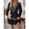 Small Western Style Spring/Summer New Fashion Deep V-neck Embroidery Black Waist Hugging Long sleeve dress Skirt DRESS