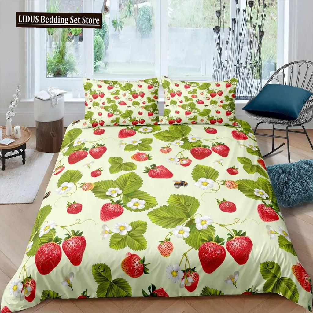 Strawberry Duvet Cover Set Girl King Size Comforter Cover Set Red Strawberry Bedding Set Food Fruit Quilt Cover For Kids Gift