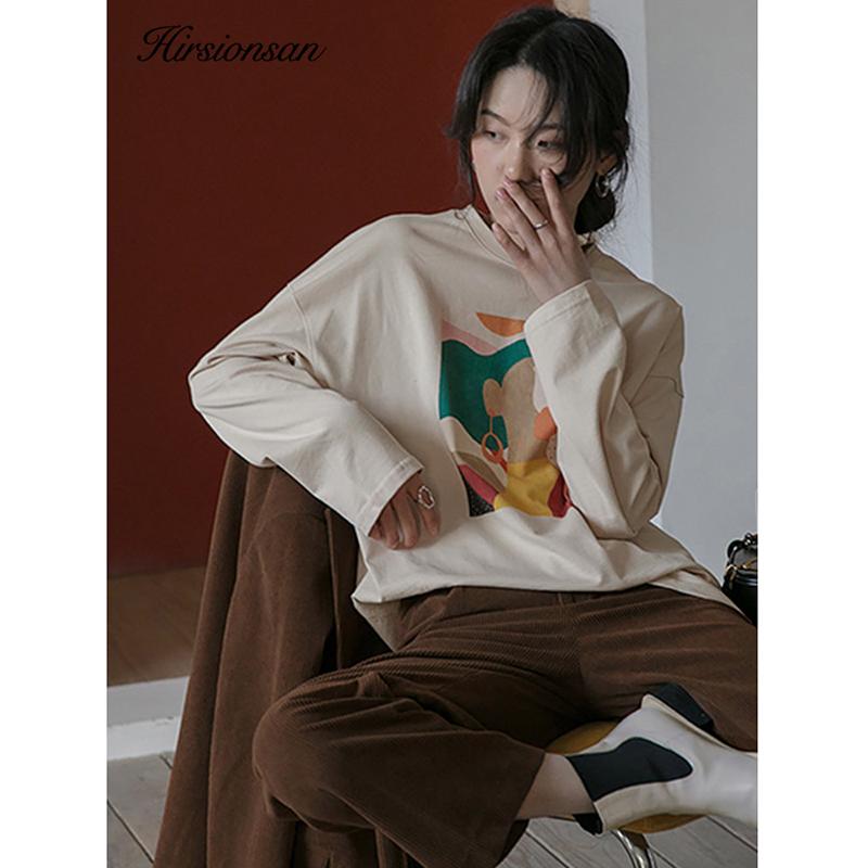 Hirsionsan Vintage Printed Long Sleeve T-shirt Women Loose 100% Cotton O-neck Tees Female Chic Aesthetic Graphic Pullover 2023