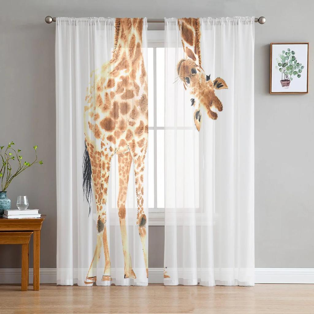 Lustige Giraffe Tier Weiße Tüllvorhänge Für Wohnzimmer Schlafzimmer Küche Dekoration Chiffon Transparent Voile Fenstervorhänge Drapierung