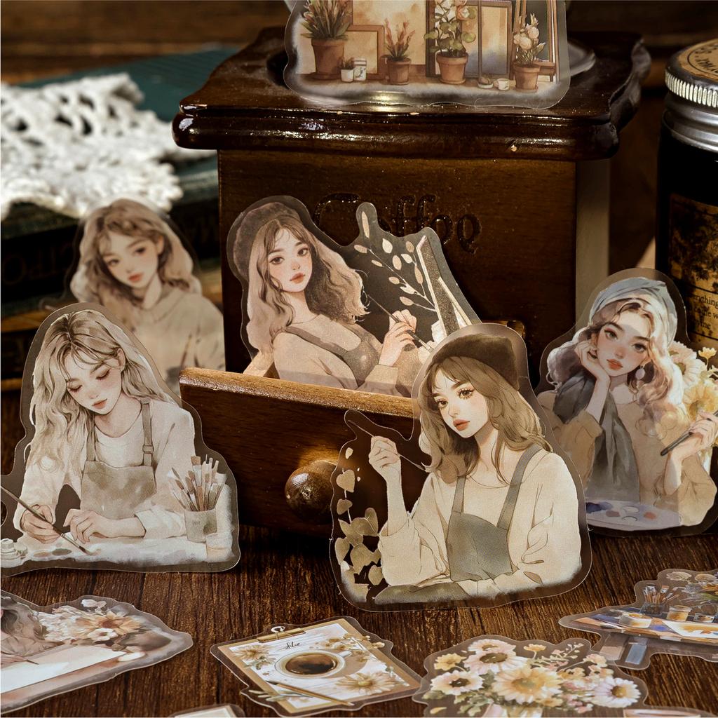 40 Sheets/bag Stickers PET Retro Illustration Girl Plant Character Sticker for Manual Splicing Materials Pack DIY Decoration