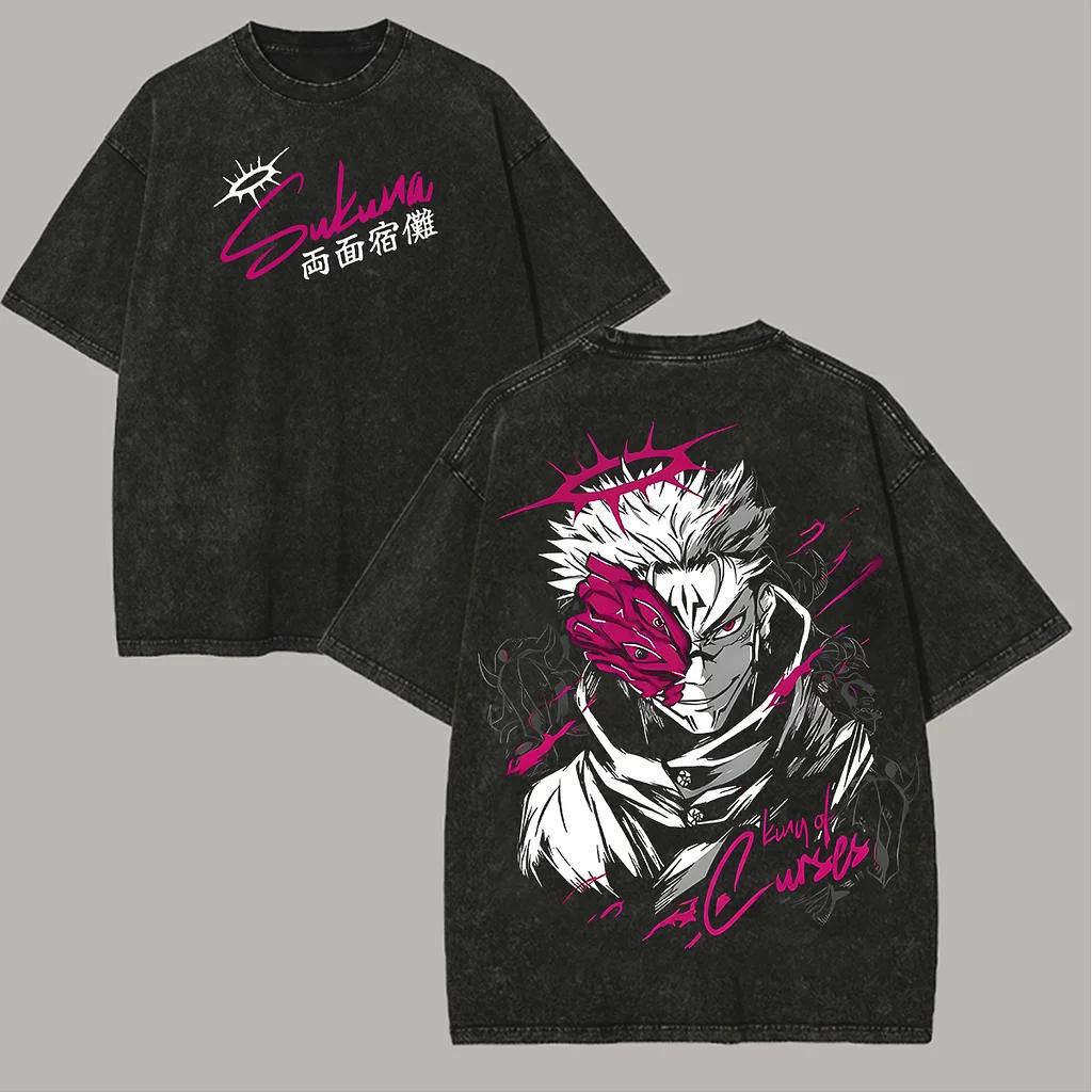Manga Jujutsu Kaisen Tshirt Ryomen Sukuna Anime Printed T-shirt Washed Y2k Men's Clothing Short Sleeve Cotton Tees Shirt Tops