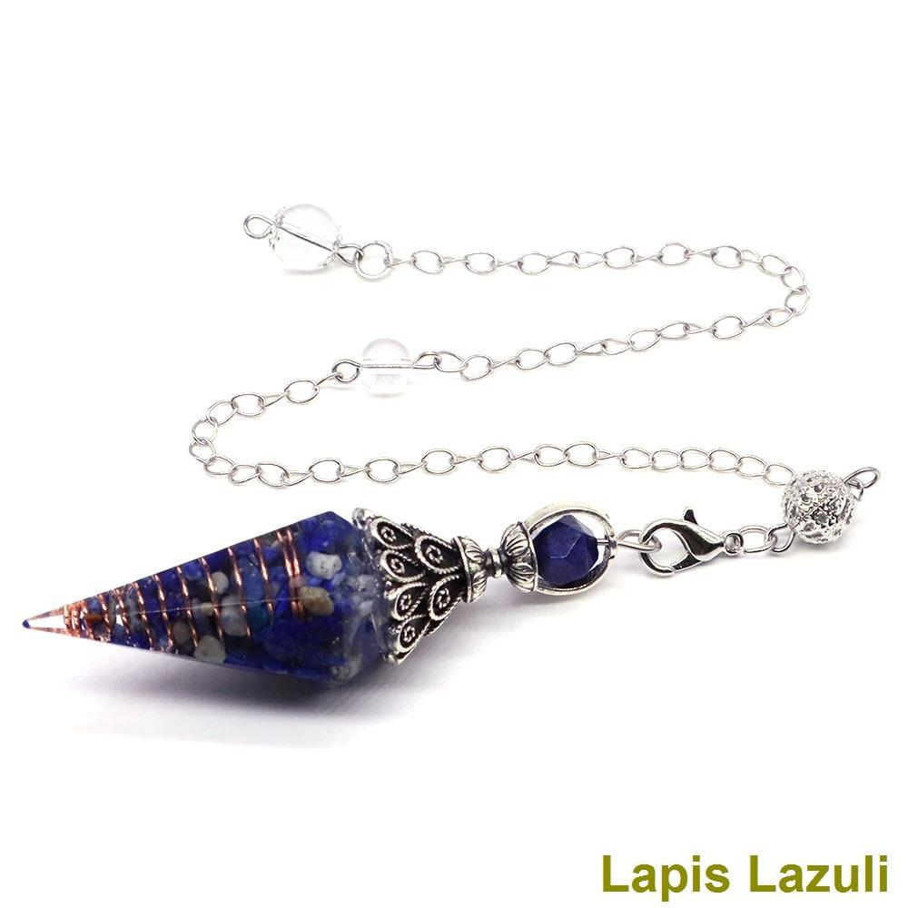 Antique Silver Seven Chakra Crystal Pendulum with Semi-Precious Chips and Resin Hexagonal Cone Pendant