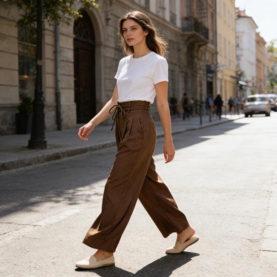 Women Pants High Waist Lace-up Casual Wide Leg Trousers with Pockets Pure Color Design Loose Fit Long Pants Daily