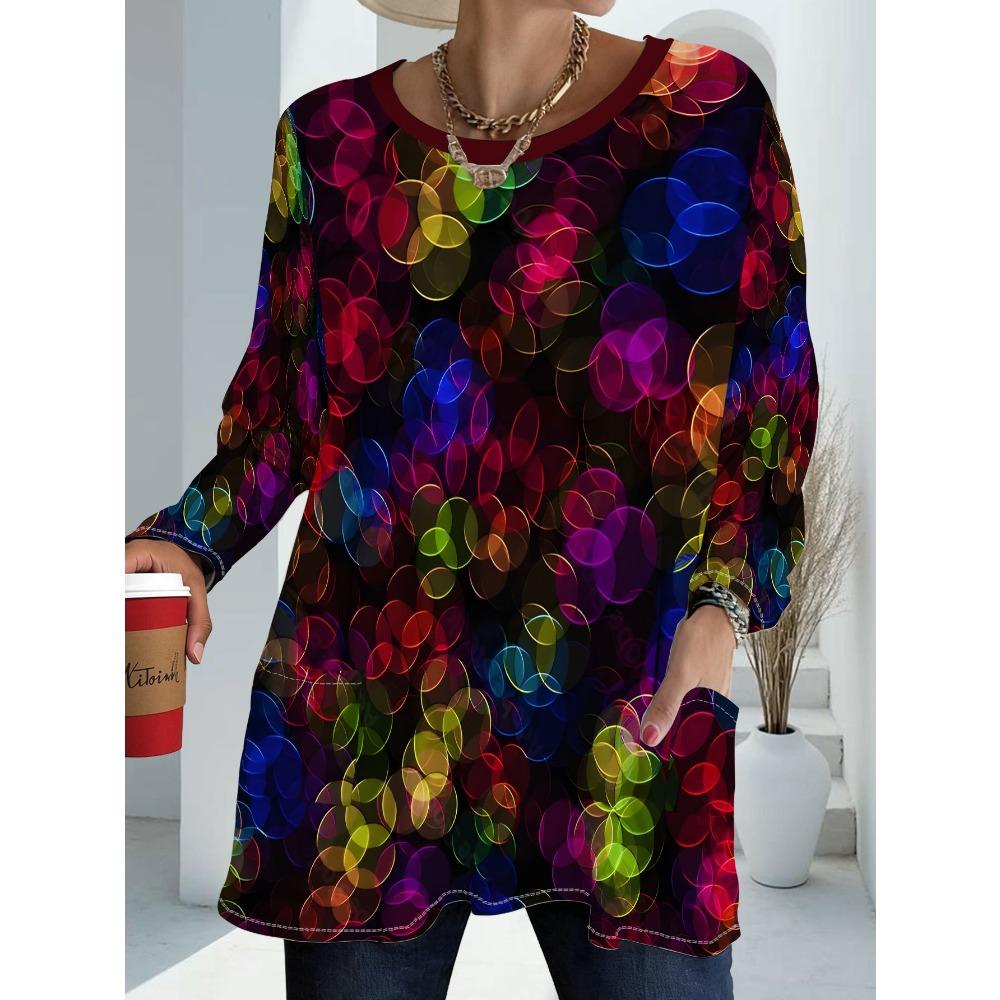 Women's Plus Size with Pocket Design Colorful Polka Dot Print Long Sleeve T-Shirt