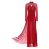 Women Lyrical Dance Costumes Sequin Long Sleeve Mesh Tulle Flowy Maxi Long Dress Built In Briefs Modern Dancewear