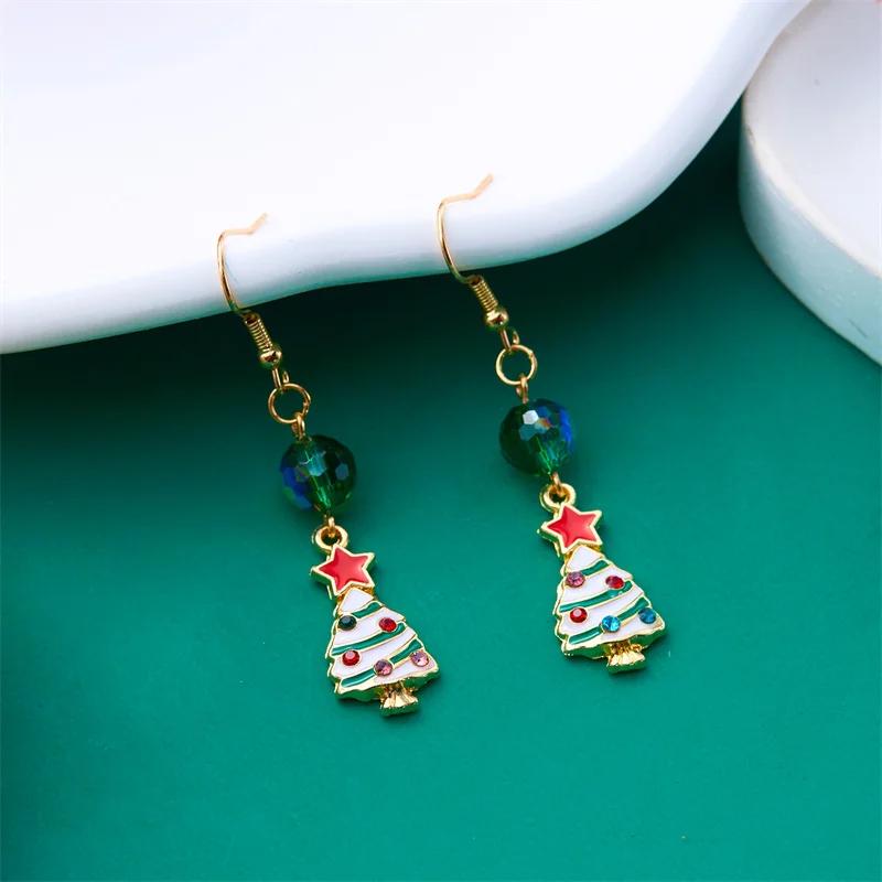 New Crystal Christmas Tree Tassel Earrings for Women Trendy Rhinestone Snowflake Bow Round Drop Earring Girls Christmas Jewelry
