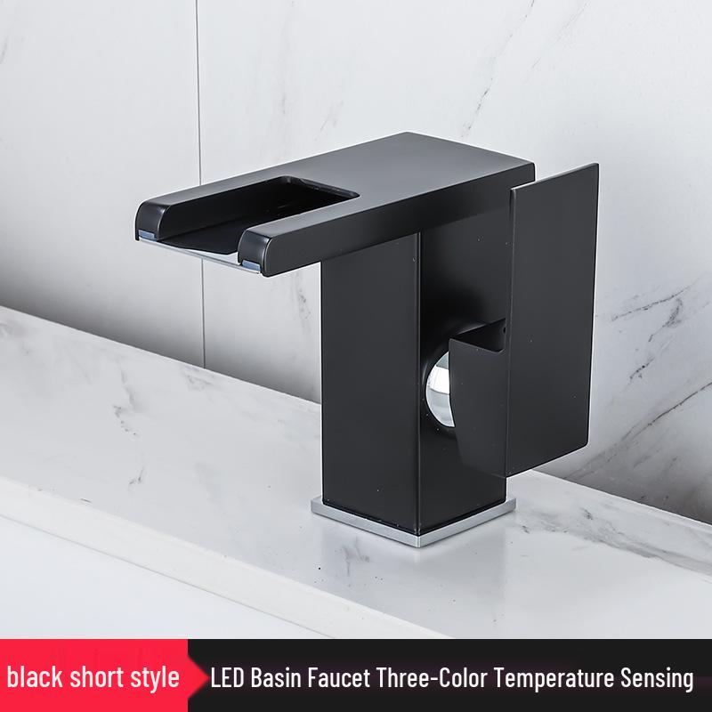 Полностью медный светодиодный водопадный смеситель для горячей/холодной воды для гостиничной раковины Short Black