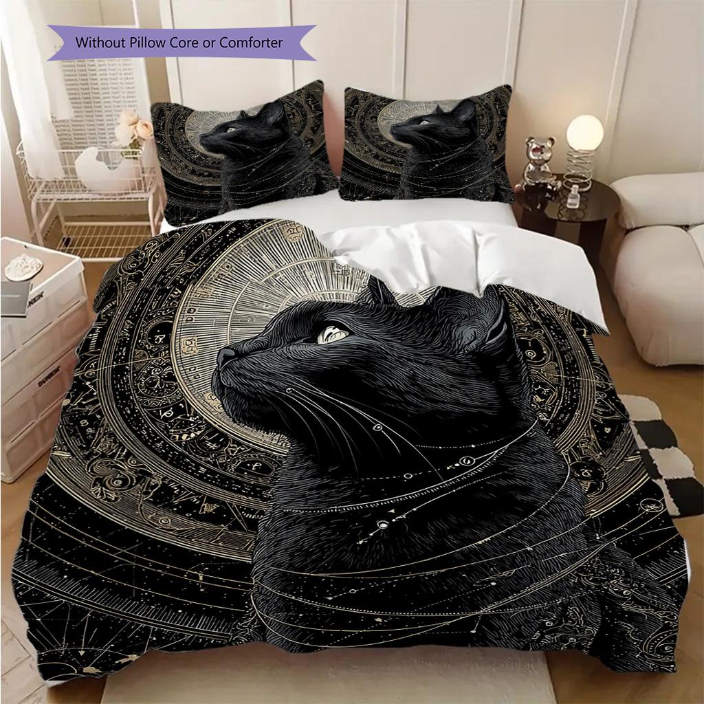 Black Cat Pattern Bedding Quilt Set Quilt Cover Pillowcase Home Decoration Birthday Gift (1 * Duvet Cover + 2 * Pillowcase, Without Core)