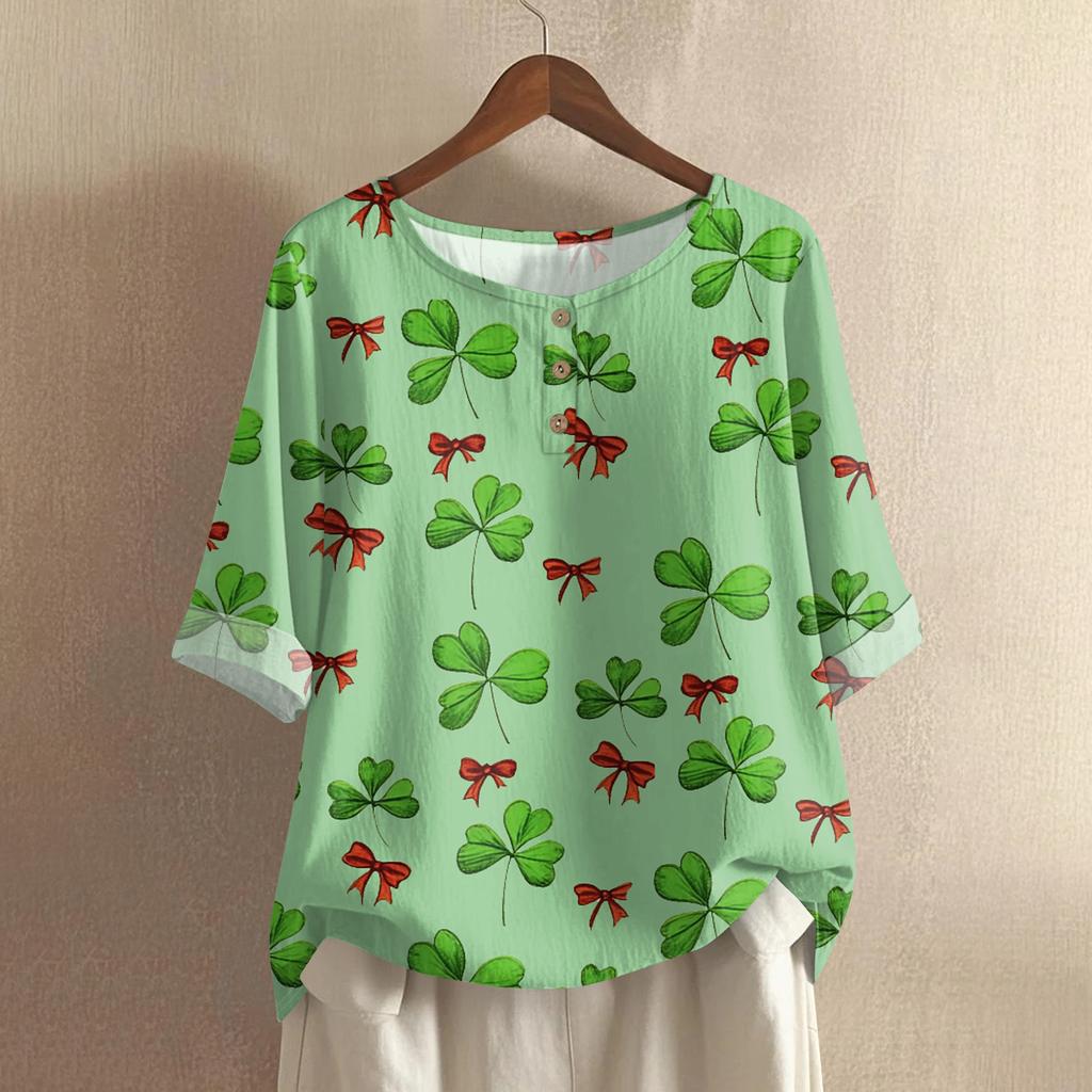 Women's Fashionable And Casual Shirt 3/4 Sleeve Round Neck Print Blouse Top