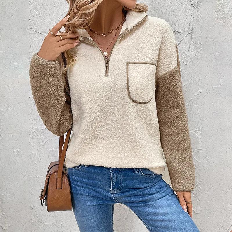2025 New Autumn/Winter Casual Sweatshirt Long Sleeve Stand Collar Color Block Warm Fleece-Lined Sweatshirt From China