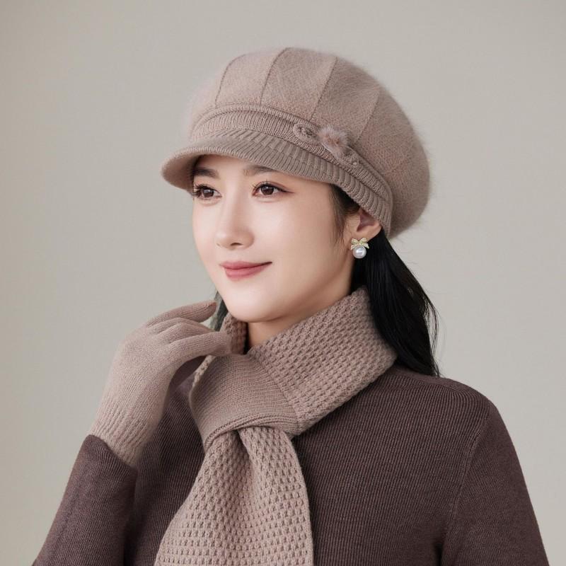 Womens Warm Knitted Beanie Hat With Rabbit Hair Blend Winter Cap Elderly Ladies Short Brim Style