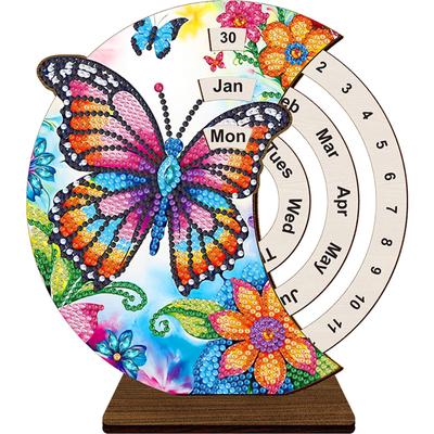 Special Shape Flowers Butterfly Diamond Painting Spinning Calendar Standing Calendar Ornaments Wooden Perpetual Desk Calendar