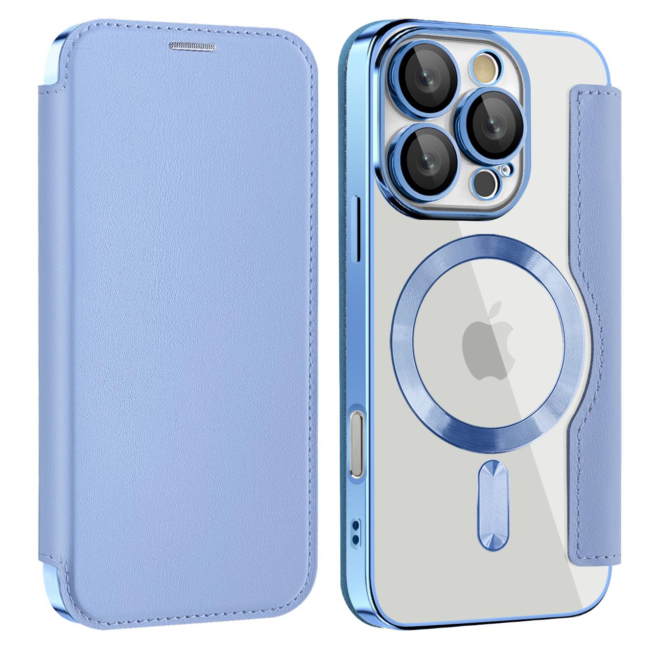 

Для iPhone 11 12 13 14 15 16 серии. Чехол-книжка Gold Shield Magnetic Business Leather Case, совместимый с MagSafe, со слотами для карт с блокировкой RFID и защитой линз iPhone 14 светло-синий